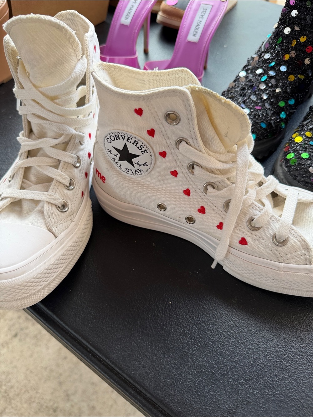 Converse White High Top Sneakers with Red Heart Print